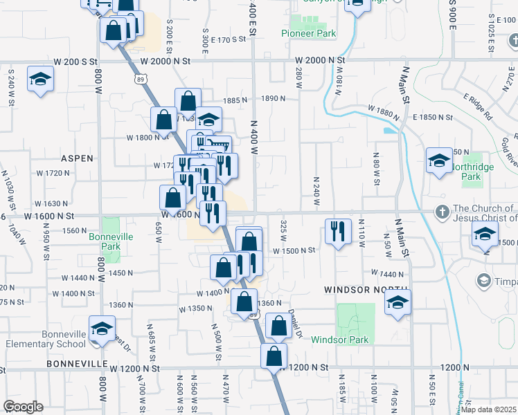 map of restaurants, bars, coffee shops, grocery stores, and more near 396 West 1600 North in Orem