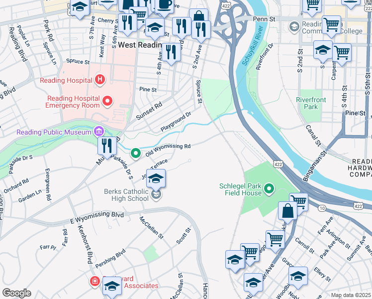 map of restaurants, bars, coffee shops, grocery stores, and more near 718 Old Wyomissing Road in Reading