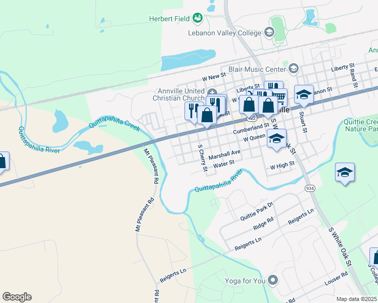 map of restaurants, bars, coffee shops, grocery stores, and more near 433 West Queen Street in Annville