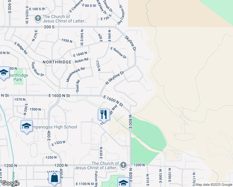 map of restaurants, bars, coffee shops, grocery stores, and more near 1643 North Mountain Oaks Drive in Orem