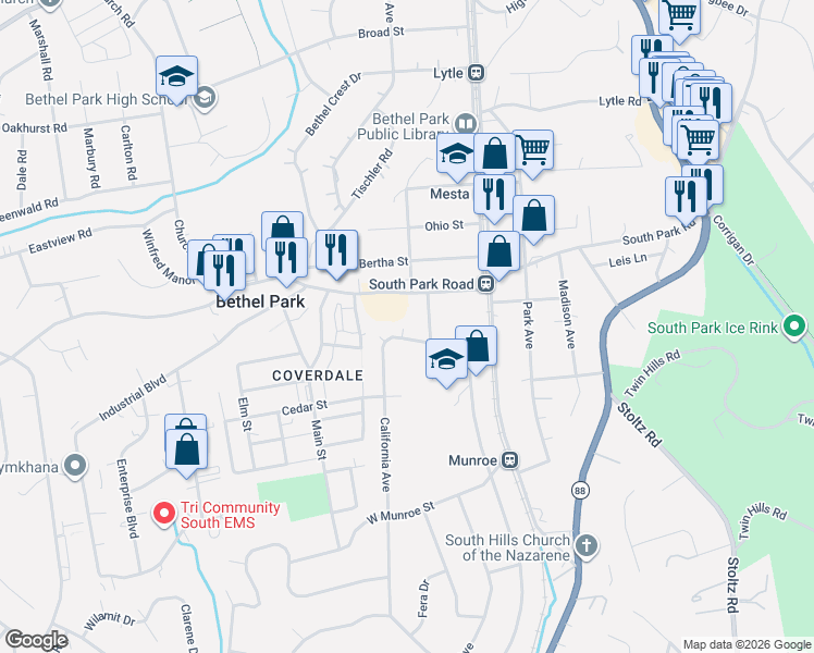 map of restaurants, bars, coffee shops, grocery stores, and more near 2765 South Park Road in Bethel Park