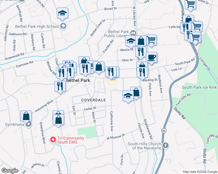 map of restaurants, bars, coffee shops, grocery stores, and more near 2789 South Park Road in Bethel Park