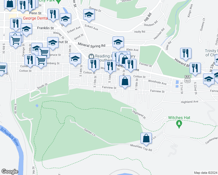 map of restaurants, bars, coffee shops, grocery stores, and more near 1548 Fairview Street in Reading