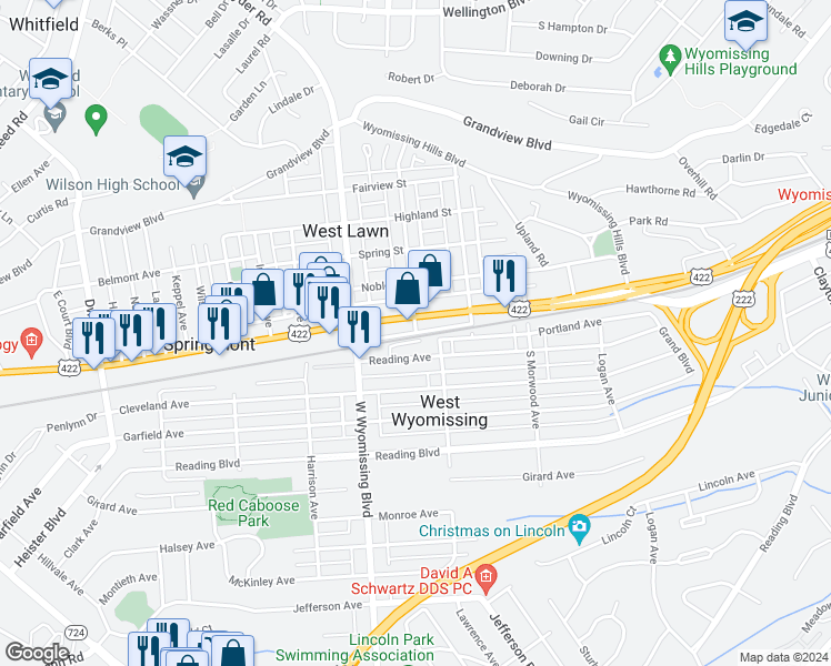map of restaurants, bars, coffee shops, grocery stores, and more near 58 West Wyomissing Boulevard in West Lawn