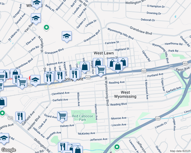 map of restaurants, bars, coffee shops, grocery stores, and more near 25 Wyomissing Hills Boulevard in Reading