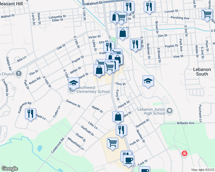map of restaurants, bars, coffee shops, grocery stores, and more near 1018 Martin Street in Lebanon