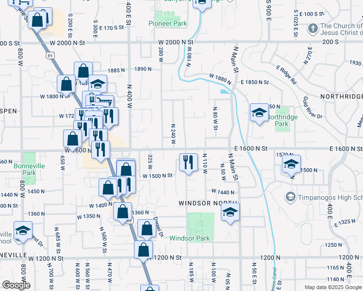 map of restaurants, bars, coffee shops, grocery stores, and more near 206 West 1600 North in Orem