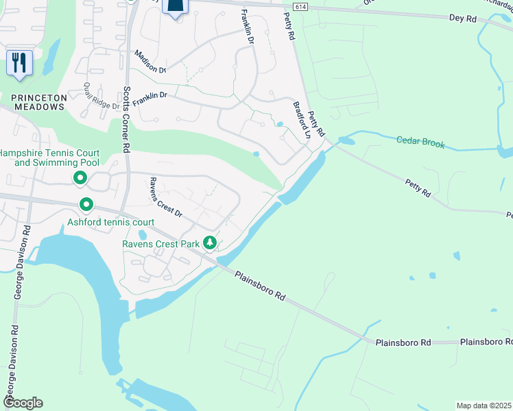 map of restaurants, bars, coffee shops, grocery stores, and more near 1216 Ravens Crest Drive in Plainsboro Township