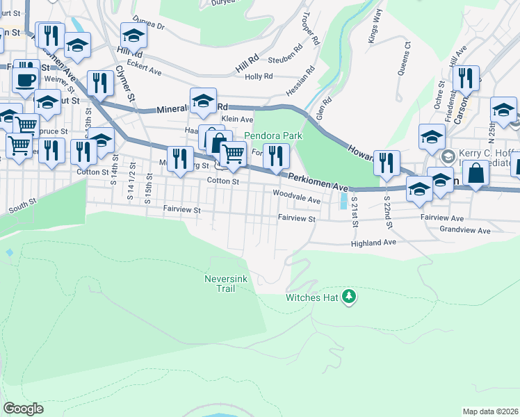 map of restaurants, bars, coffee shops, grocery stores, and more near 523 South 18 1/2 Street in Reading