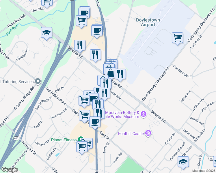 map of restaurants, bars, coffee shops, grocery stores, and more near 695 North Main Street in Doylestown