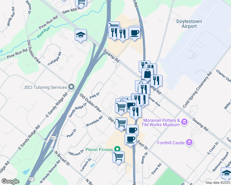 map of restaurants, bars, coffee shops, grocery stores, and more near 131 Cottonwood Court in Doylestown