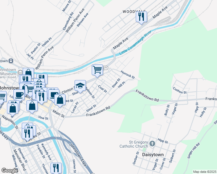 map of restaurants, bars, coffee shops, grocery stores, and more near 152 Gautier Street in Johnstown