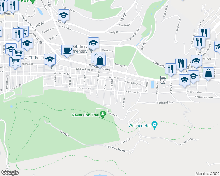 map of restaurants, bars, coffee shops, grocery stores, and more near 548 South 18th Street in Reading