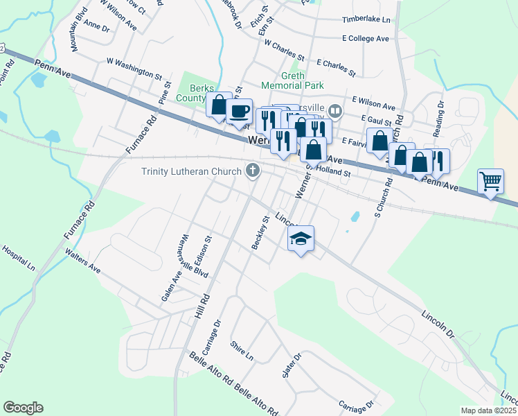 map of restaurants, bars, coffee shops, grocery stores, and more near 10 Lincoln Drive in Wernersville