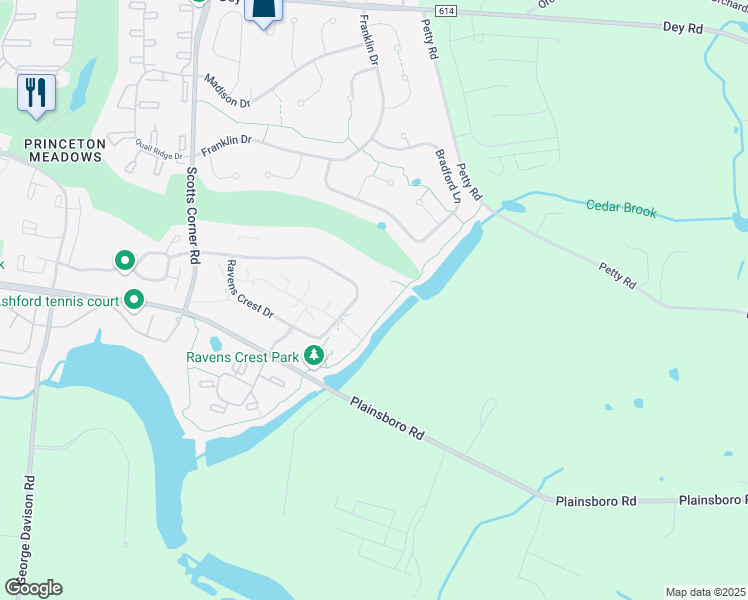 map of restaurants, bars, coffee shops, grocery stores, and more near 1401 Ravens Crest Drive in Princeton Meadows