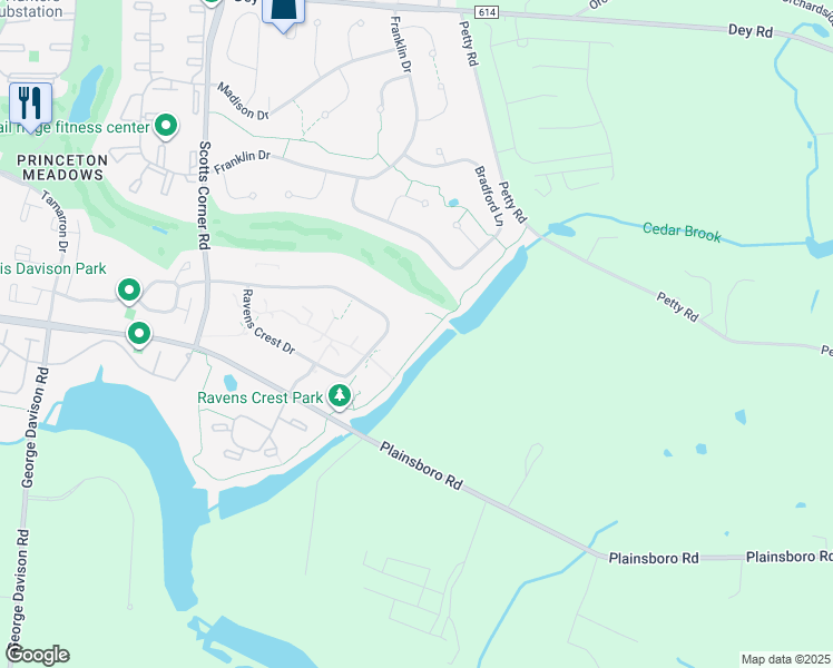 map of restaurants, bars, coffee shops, grocery stores, and more near 1401 Ravens Crest Drive in Princeton Meadows