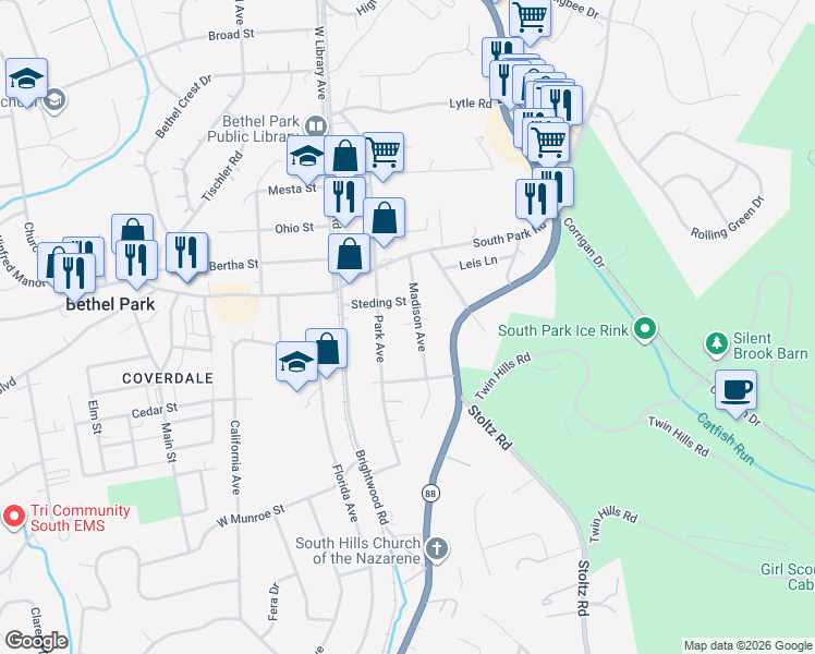 map of restaurants, bars, coffee shops, grocery stores, and more near 5330 Madison Avenue in Bethel Park