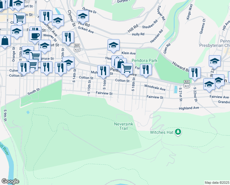 map of restaurants, bars, coffee shops, grocery stores, and more near 1643 Fairview Street in Reading