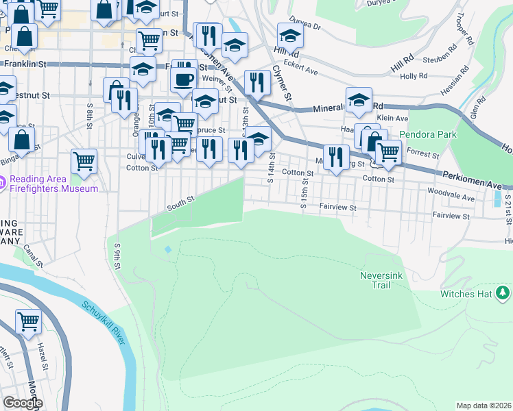 map of restaurants, bars, coffee shops, grocery stores, and more near 1315 Fairview Street in Reading