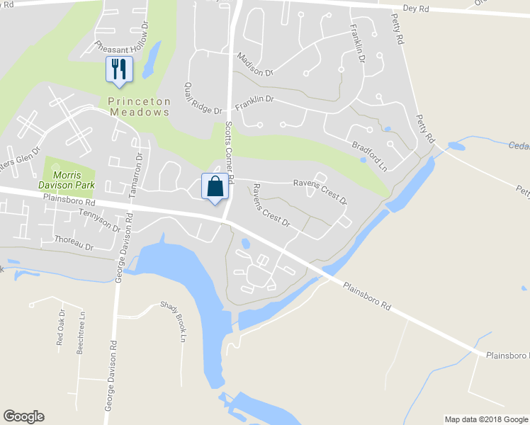 map of restaurants, bars, coffee shops, grocery stores, and more near 6102 Ravens Crest Drive in Plainsboro Township