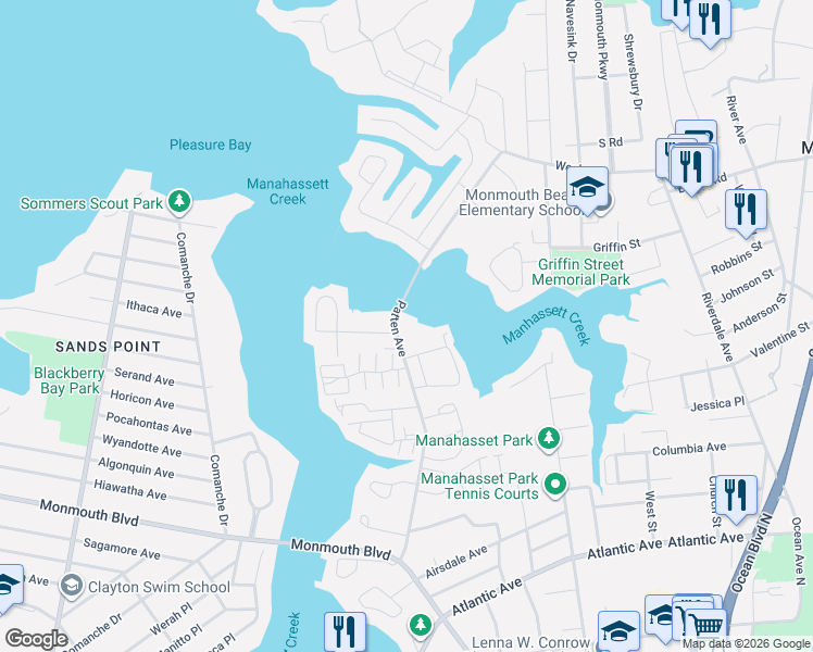 map of restaurants, bars, coffee shops, grocery stores, and more near 611 Patten Avenue in Long Branch