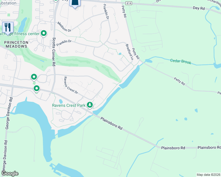 map of restaurants, bars, coffee shops, grocery stores, and more near 1401 Ravens Crest Drive in Princeton Meadows