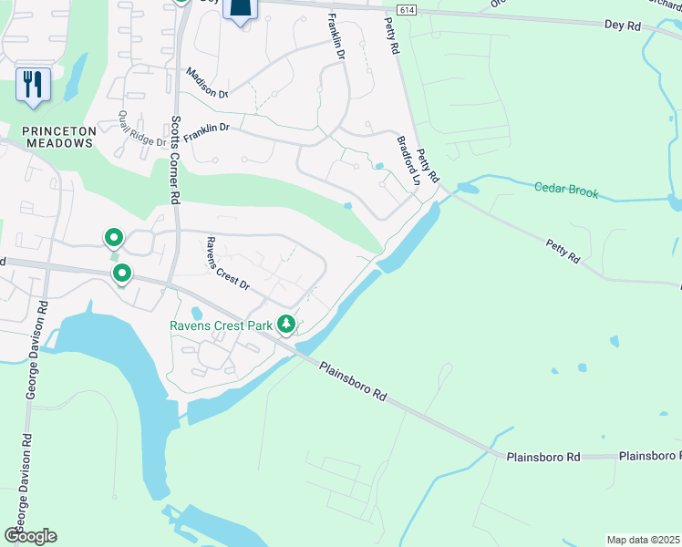 map of restaurants, bars, coffee shops, grocery stores, and more near 1401 Ravens Crest Drive in Princeton Meadows