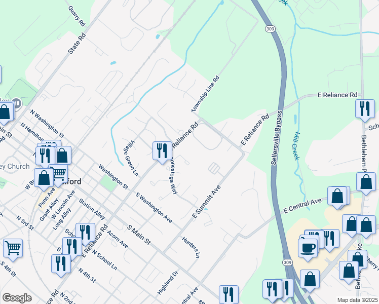 map of restaurants, bars, coffee shops, grocery stores, and more near 400 East Reliance Road in Telford