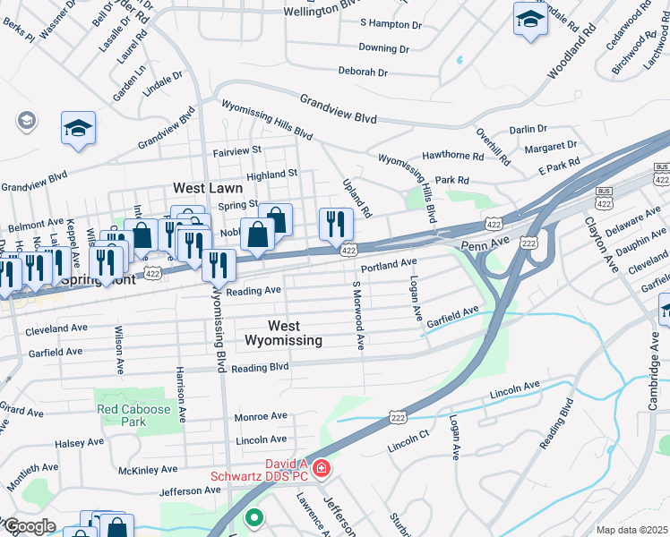 map of restaurants, bars, coffee shops, grocery stores, and more near 2016 U.S. 422 in West Lawn