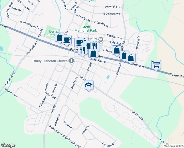 map of restaurants, bars, coffee shops, grocery stores, and more near 220 East Gaul Street in Wernersville