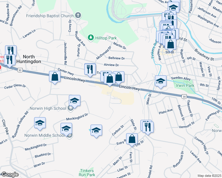 map of restaurants, bars, coffee shops, grocery stores, and more near 10630 U.S. 30 in North Huntingdon