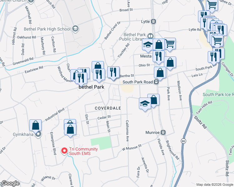map of restaurants, bars, coffee shops, grocery stores, and more near 2789 South Park Road in Bethel Park