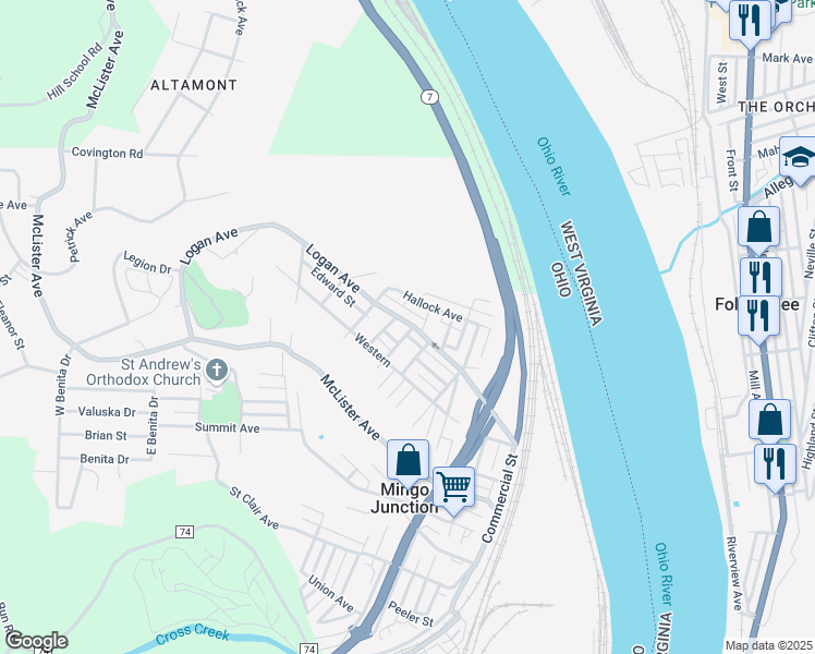 map of restaurants, bars, coffee shops, grocery stores, and more near 643-699 Logan Ave in Mingo Junction