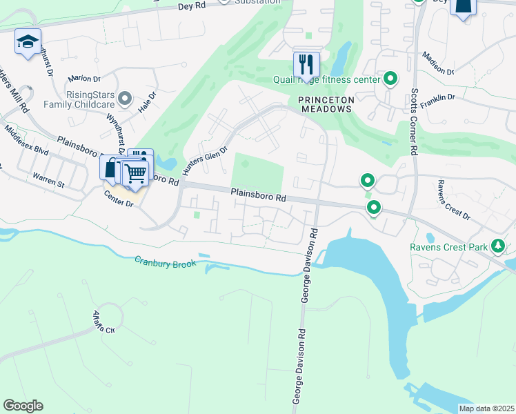 map of restaurants, bars, coffee shops, grocery stores, and more near 128 Tennyson Drive in Princeton Meadows