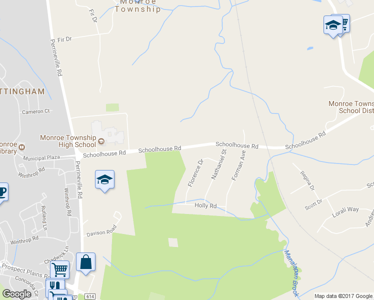 map of restaurants, bars, coffee shops, grocery stores, and more near 281 Schoolhouse Road in Monroe Township