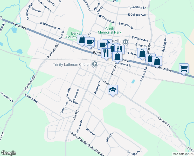 map of restaurants, bars, coffee shops, grocery stores, and more near 10 Lincoln Drive in Wernersville