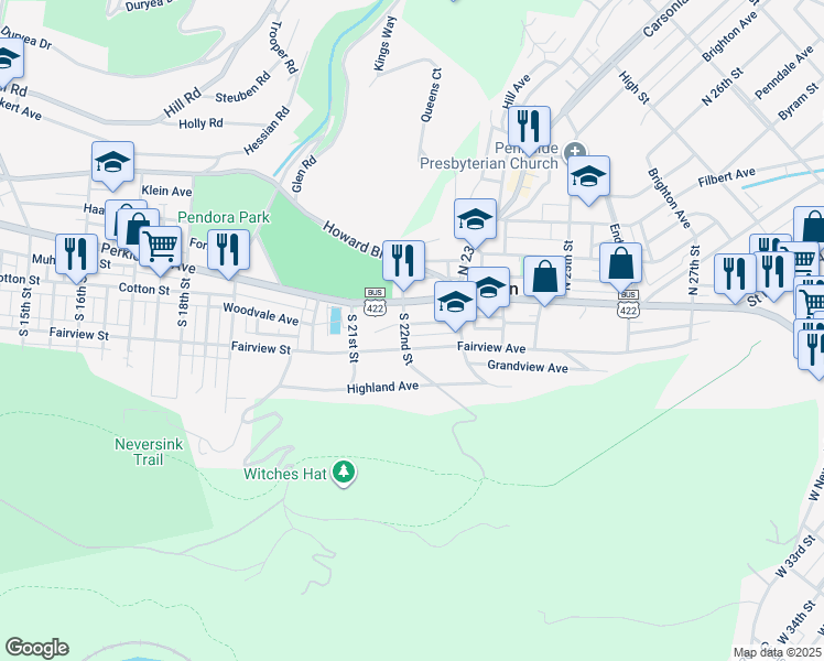 map of restaurants, bars, coffee shops, grocery stores, and more near 2208 Woodvale Avenue in Mount Penn
