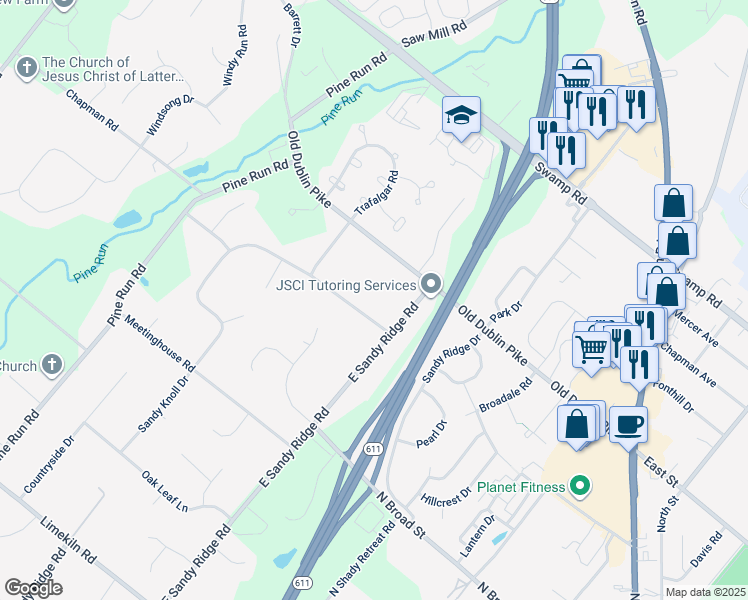 map of restaurants, bars, coffee shops, grocery stores, and more near 23 Sandy Knoll Drive in Doylestown