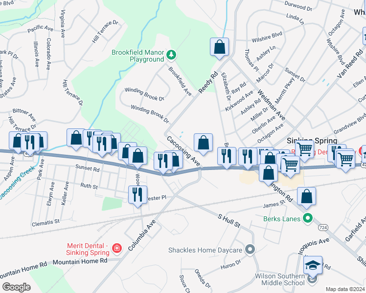 map of restaurants, bars, coffee shops, grocery stores, and more near 75 Cacoosing Avenue in Sinking Spring