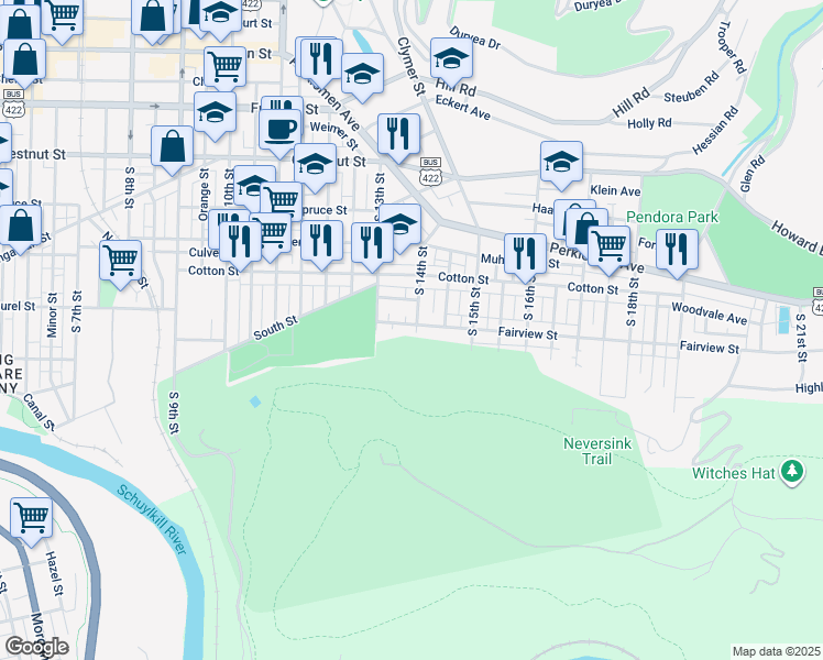 map of restaurants, bars, coffee shops, grocery stores, and more near 1338 Fairview Street in Reading