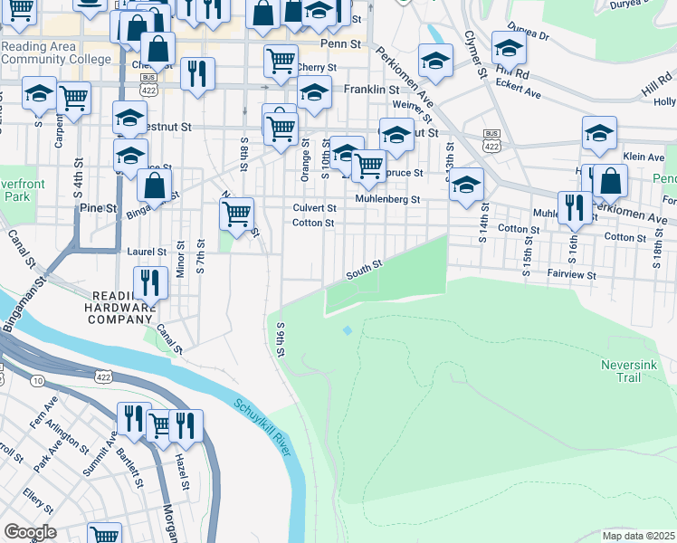map of restaurants, bars, coffee shops, grocery stores, and more near 616 Maple Street in Reading