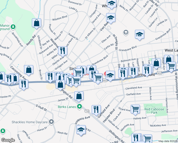 map of restaurants, bars, coffee shops, grocery stores, and more near 3108 Grandview Boulevard in Sinking Spring