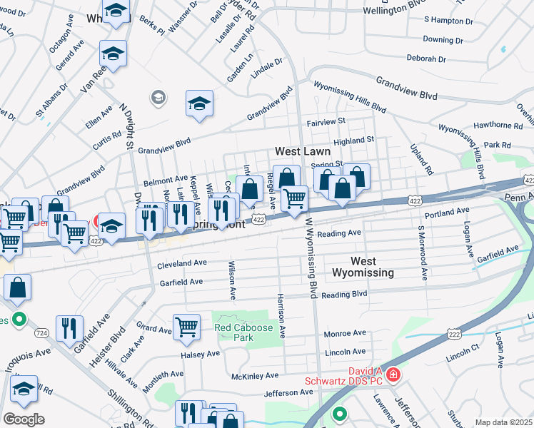 map of restaurants, bars, coffee shops, grocery stores, and more near 2419 Penn Avenue in West Lawn