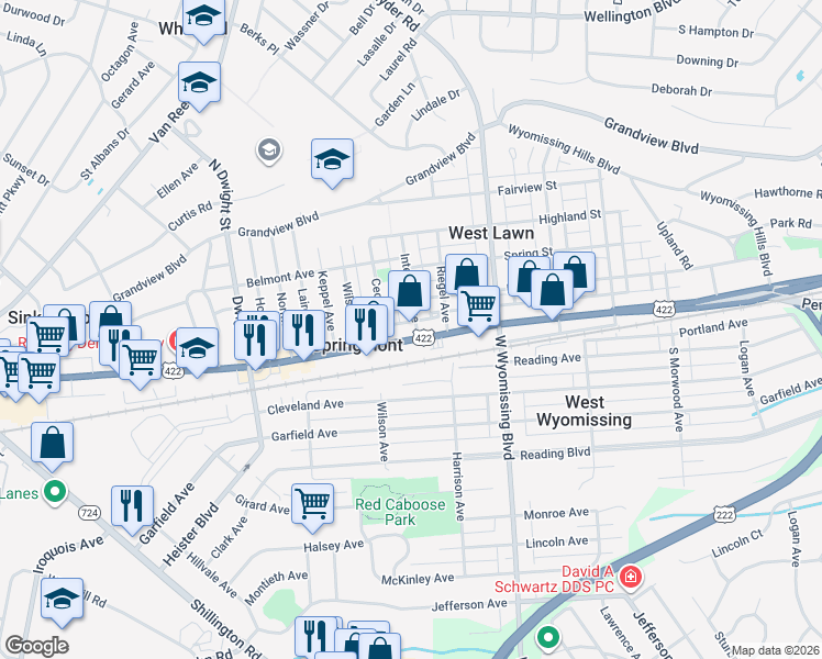 map of restaurants, bars, coffee shops, grocery stores, and more near 18 Intervilla Avenue in West Lawn