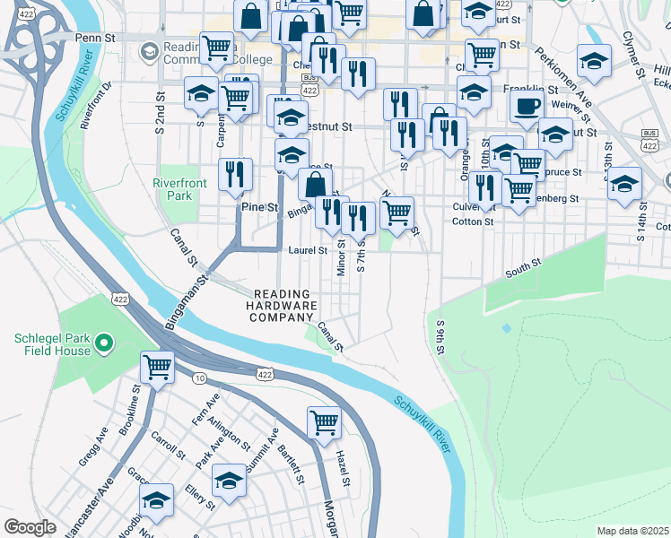 map of restaurants, bars, coffee shops, grocery stores, and more near 520 Minor Street in Reading