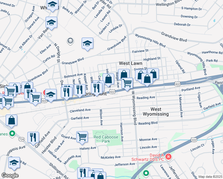 map of restaurants, bars, coffee shops, grocery stores, and more near 2419 Penn Avenue in West Lawn