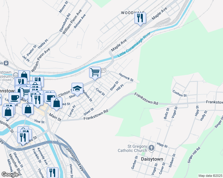 map of restaurants, bars, coffee shops, grocery stores, and more near 199 Osprey Pl in Johnstown