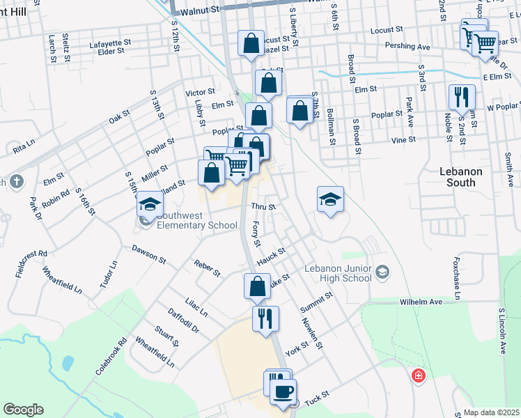 map of restaurants, bars, coffee shops, grocery stores, and more near 835 Kreider Street in Lebanon