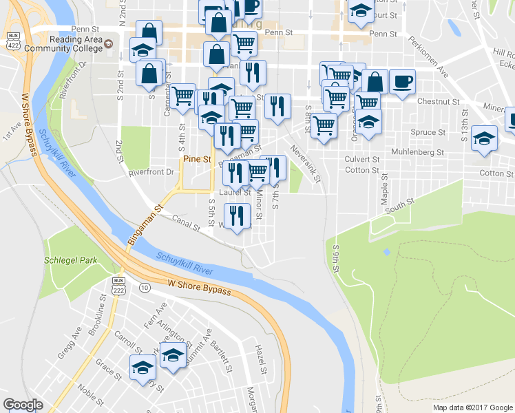 map of restaurants, bars, coffee shops, grocery stores, and more near 520 Minor Street in Reading