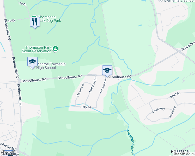 map of restaurants, bars, coffee shops, grocery stores, and more near 1 Nathaniel Street in Monroe Township